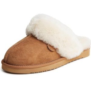 Dearfoams Women's Fireside Sydney Shearling Fur Scuff Slipper Wide NWT Chestnut